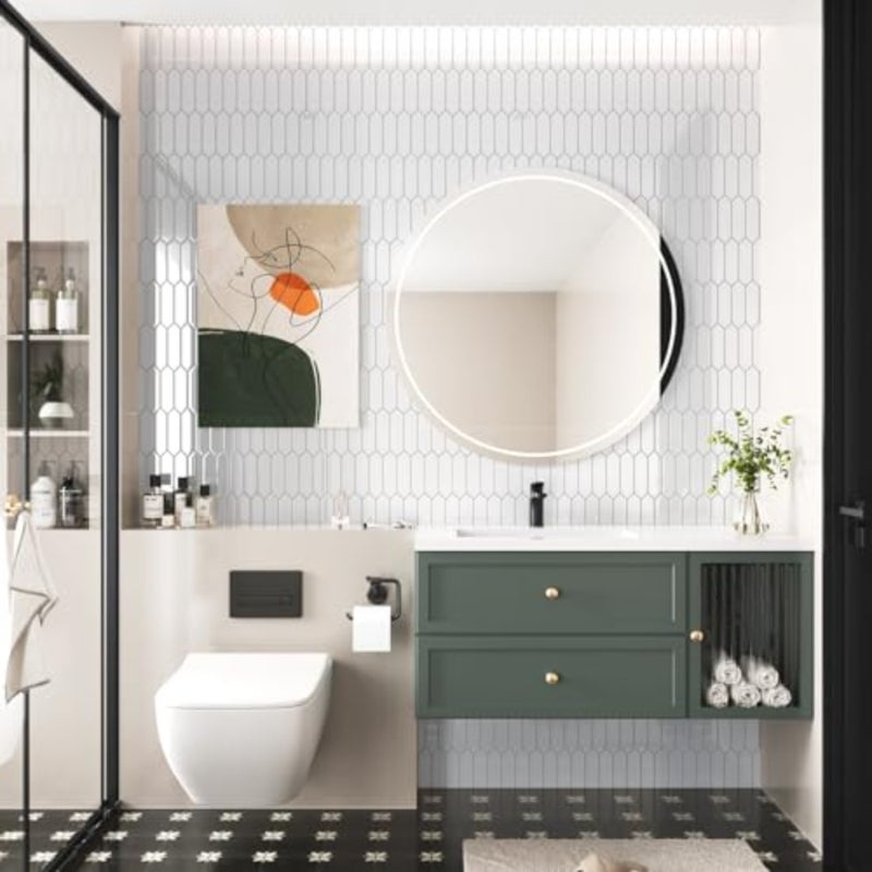 بلاط باكسبلاش للمطبخ والحمام، فينيل أبيض ثلاثي الأبعاد، تصميم اعتصام لامع، ألواح تقشير وعصا ذاتية اللصق مقاومة للماء وقابلة للإزالة، 12 × 12 بوصة، 24 قطعة - Image 4
