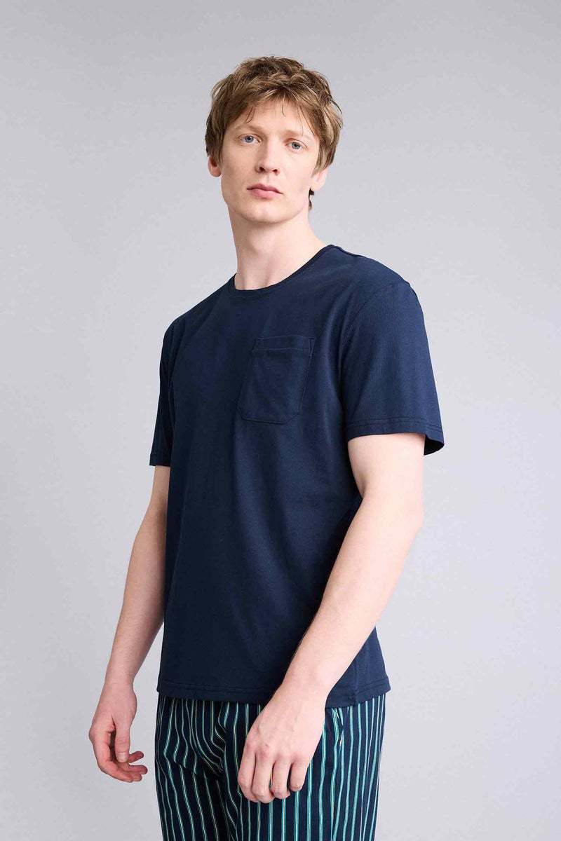 DeFacto Blue Man Regular Fit Short Sleeve 2 Piece Pajama Set Casual - Image 3