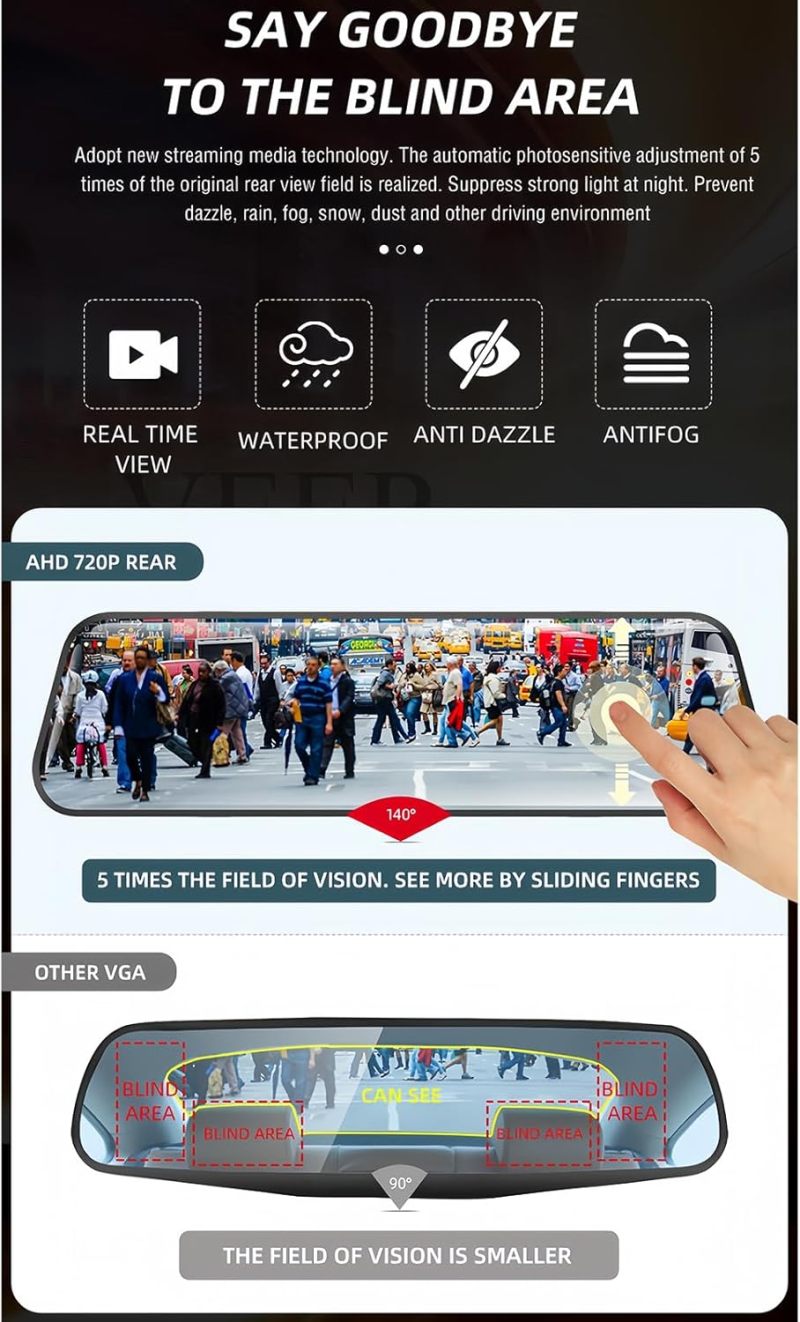 Car Dash Camera: 10-Inch Touch Screen, Dual Lens, 1080P Rear 720P Front, 170° Wide-Angle - Night Vision, Parking Monitor, 32GB Storage Card for Vehicle Safety & Parking Assistance - Image 4