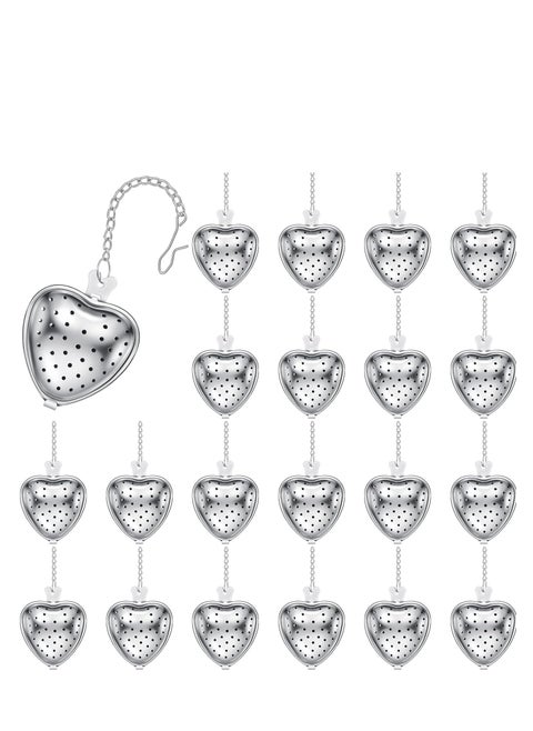 20 Pcs Tea Strainer, Stainless Steel Tea Ball Infuser, Loose Leaf Tea Steeper Tea Interval Diffuser, Heart Shape Mesh Tea Filters with Extended Chain Hook for Seasonings Cup Bottle (Silver)