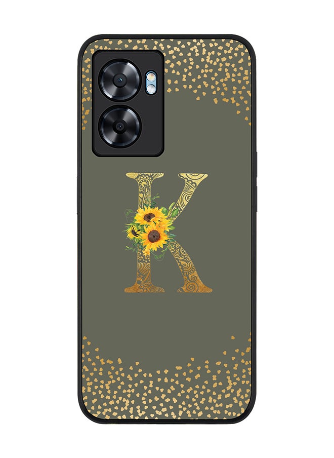 Rugged Black edge case for Oppo A77 5G / Oppo A57 5G - Custom Monogram Initial Letter Floral Pattern Alphabet - K (Olive Green )