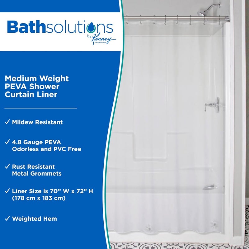 Kenney Medium Weight PEVA Shower Curtain Liner, 70" W x 72" H, Clear - Image 2