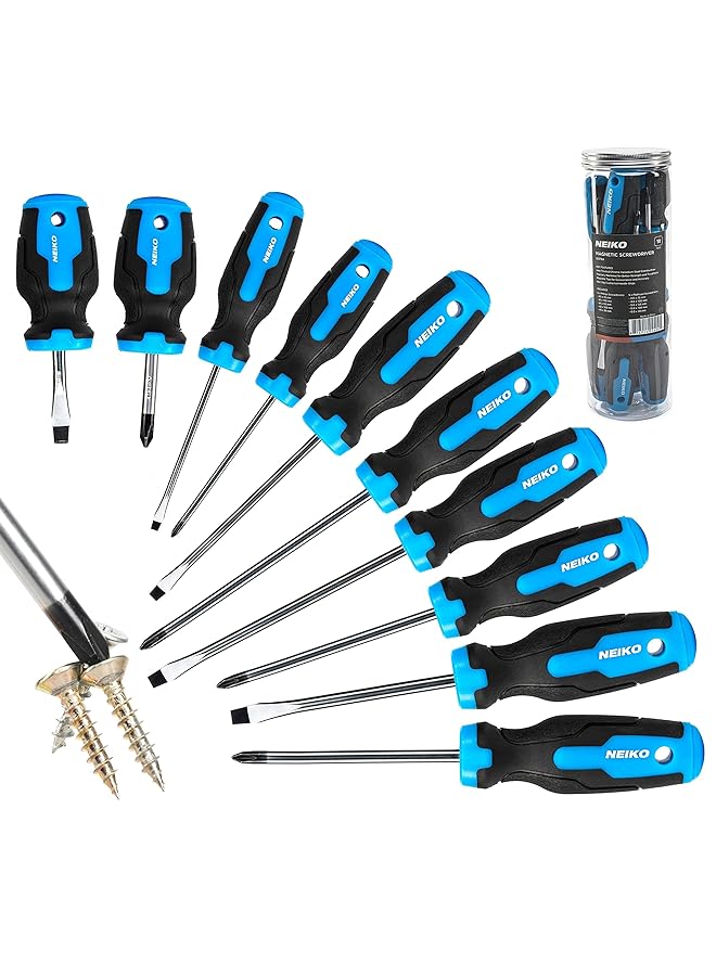 Neiko 01378A Magnetic Screwdriver Set 10 Piece Phillips And Flathead Heat Treated Chrome Vanadium Steel Slotted Head Tip With Non Slip Cushioned Handle Grips Small Screw Driver Tool Kit  - Image 1