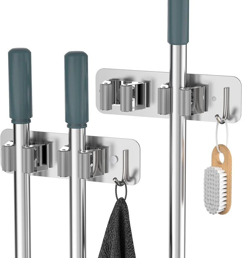 BAREPEPE Self Adhesive Broom Holder and Mop Stand Without Drilling Wall Mounted Stainless Steel Pack of 2