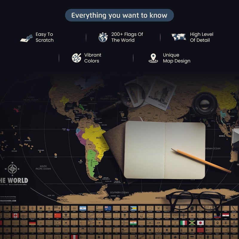 Landmass Scratch Off World Map, Deluxe Travel Tracker Map Poster with Flags, Detailed Cartography, Map of the World, Gift Idea for Travelers, Map Lovers, Wall Art, Home or Office Decor, 17x24 Inches - Image 3