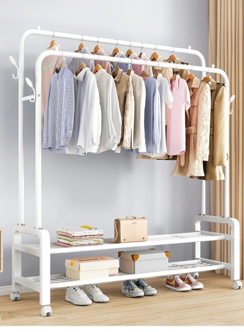 Loquat Metal Clothes Rack with Double Rods， Garment Rack Coat Rack Shoes Rack, Clothes Rail Stand, Multipurpose Clothes Hanger Organizer with Wheels 110x55x150 cm (White) - Image 2