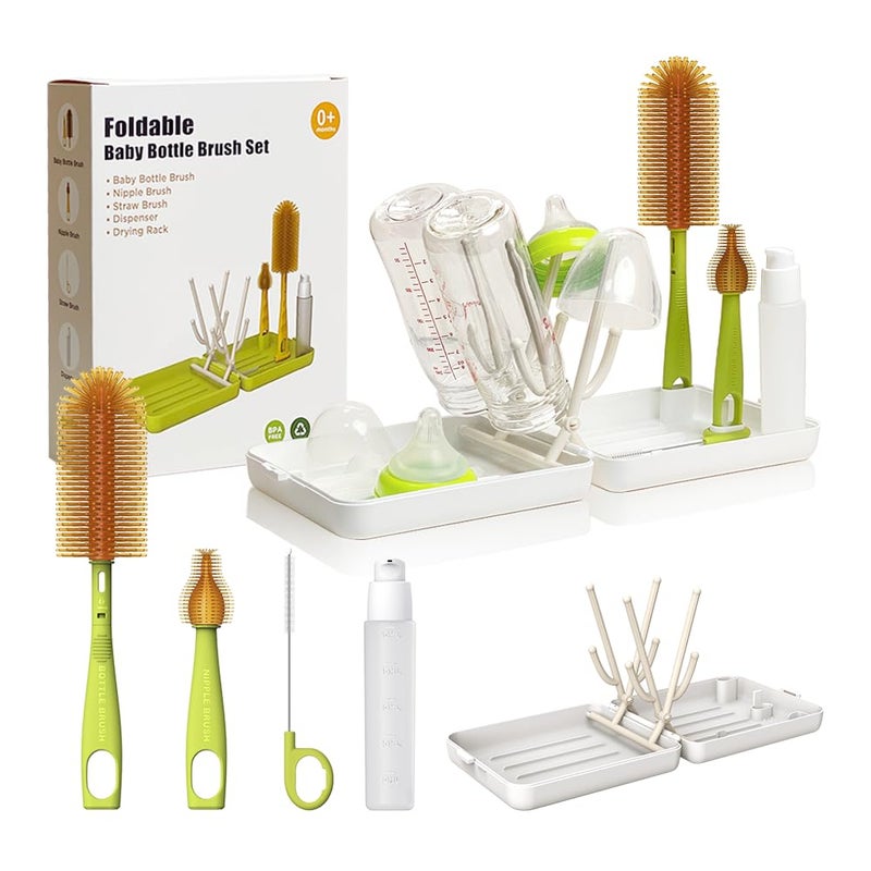 YOTIME Travel Bottle Brush, Travel Bottle Cleaner Kit with Foldable Bottle Drying Rack, for Visit Friends and Relations, Baby Travel Essentials, BPA Free, White - Image 1