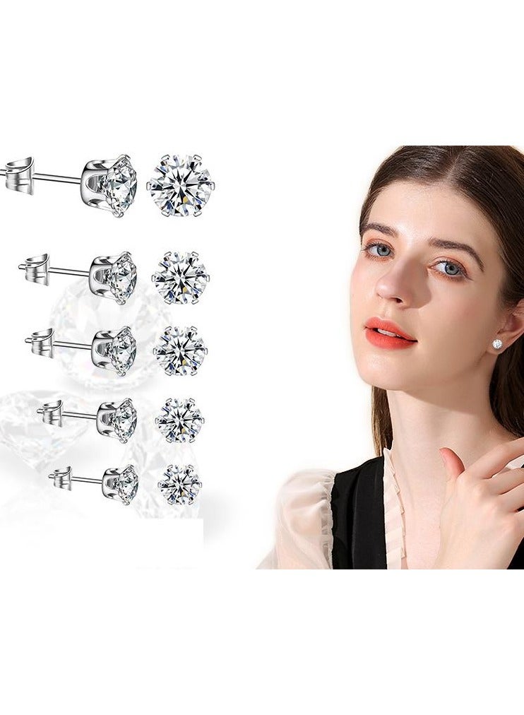 Women's CZ Stud Earrings Simulated Diamond Round Cubic Zirconia Ear Stud Set5 Pairs) - Image 2