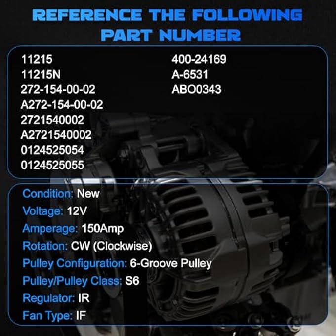 YOMALL Alternator 11215 150Amp 6-Groove Pulley for 2006-2009 C230 2.5L, for 2006-2007 C280 & 2008 C300 & SLK280 & SLK300 3.0L, for 2006-2011 C350 & CLK350 & E350 & SLK350 3.5L 11215N - Image 3