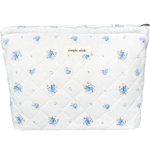 Sminra Floral Makeup Bag Cotton Quilted Small Cosmetic Bag Organizer Cute Garden Aesthetic Coquette Portable Zipper Pouch Toiletry Purse Bag for Women Girls Travel accessoriesBlue FlowersL - Image 1