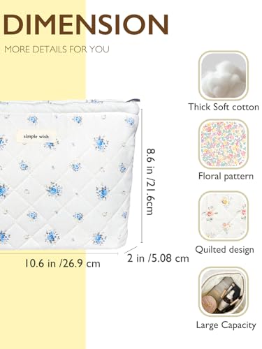 Sminra Floral Makeup Bag Cotton Quilted Small Cosmetic Bag Organizer Cute Garden Aesthetic Coquette Portable Zipper Pouch Toiletry Purse Bag for Women Girls Travel accessoriesBlue FlowersL - Image 3