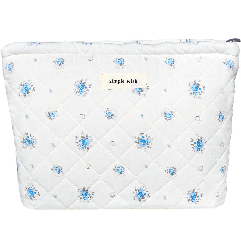 Sminra Floral Makeup Bag Cotton Quilted Small Cosmetic Bag Organizer Cute Garden Aesthetic Coquette Portable Zipper Pouch Toiletry Purse Bag for Women Girls Travel accessoriesBlue FlowersL - Image 2