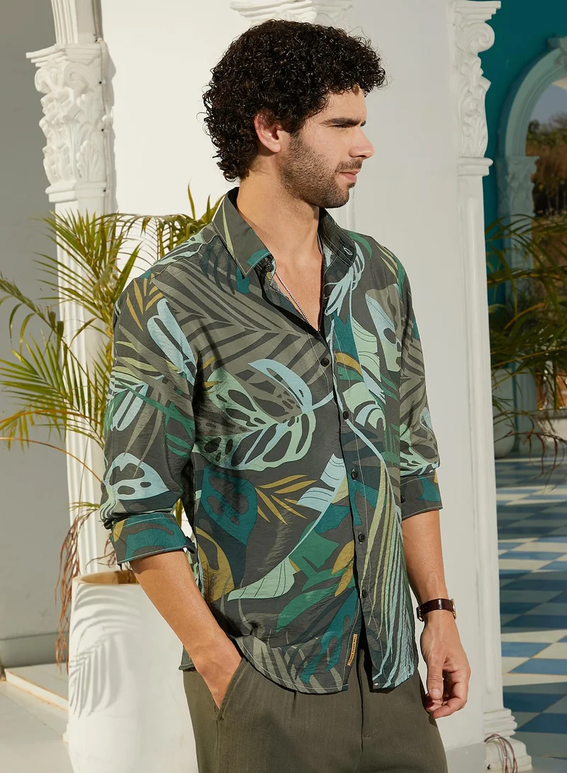 Campus Sutra Men's Jungle Green Palm Spring Shirt