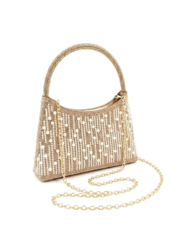 Viny Viny Women's Crystal Pearl Embellished Top Handle Bag – Luxury Rhinestone Mini Handbag for Weddings, Parties & Formal Occasions – Gold, Silver, Champagne
