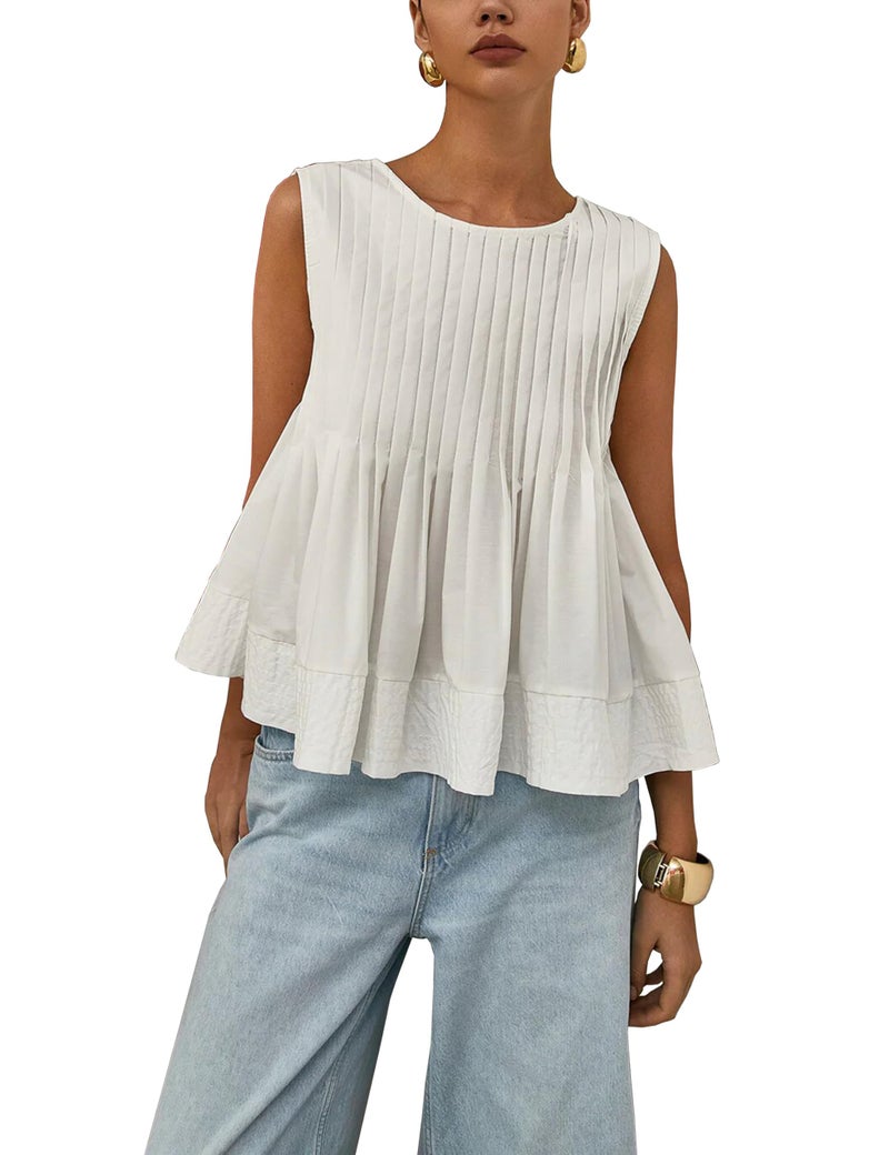 Lumister Womens Peplum Babydoll Tops Cute Pleated Sleeveless Ruffle Peplum Blouse T Shirts Tank Summer Tops White - Image 1