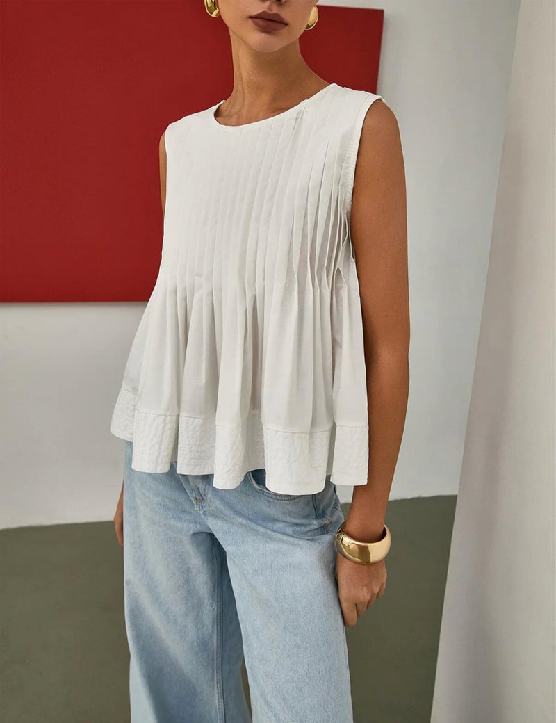 Lumister Womens Peplum Babydoll Tops Cute Pleated Sleeveless Ruffle Peplum Blouse T Shirts Tank Summer Tops White - Image 3