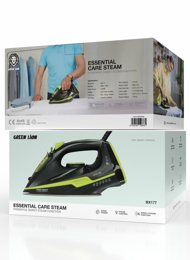 جرين ليون حدید بخار Essential Care بقوة 2200 وات مع وظيفة البخار القوي وسعة 450 مل / حماية من الحرارة الزائدة / وظيفة الرش والبخار / سلك دوار 360 درجة / مقبض التحكم في درجة الحرارة / وظيفة الإيقاف التلقائي - أسود وأخضر  - Image 4