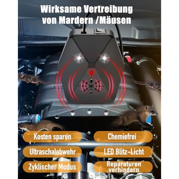rayihni Marten deterrent car with flash light, marten repellent car marten protection for engine compartment car, mortar deterrent car, automatic on and off marten deterrent - with ultrasound and - Image 3