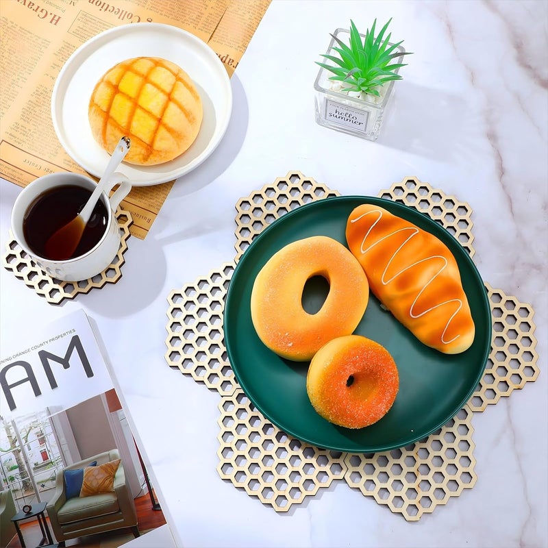 Cindeer 8 Pcs Honeycomb Wood Coaster Set Hollow Hex Honey Comb Wooden Coaster Hexagon Honeycomb Coasters Honeycomb Wooden Cup Cushion Mug Mats for Housewarming Gift Coffee DIY Bar Home Decor - Image 3