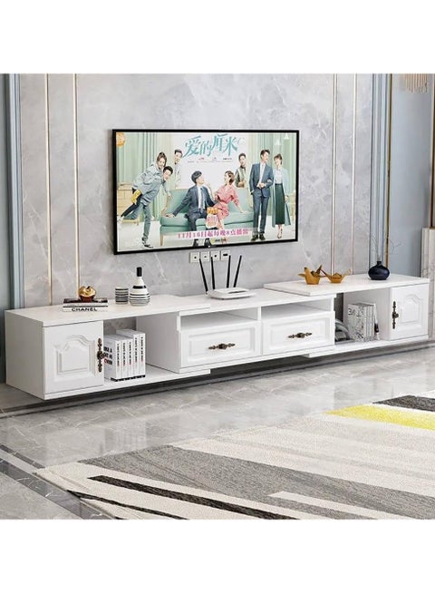 TV Stand, 140–220×30×40 cm White TV Table for 65+ Inch TVs – Entertainment Center, Cabinet, Media Console with 2-Tier Storage – For Living Room, Bedroom