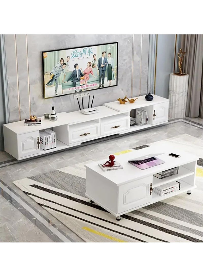 CityRiya-Long TV Stand, 140–220×30×40 cm White TV Table for 65+ Inch TVs – Entertainment Center, Cabinet, Media Console with 2-Tier Storage – For Living Room, Bedroom - Image 3