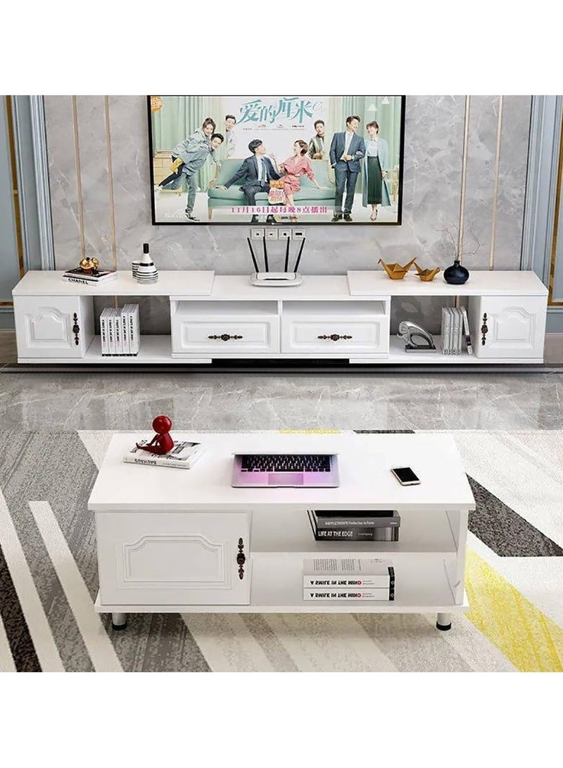 CityRiya-Long TV Stand, 140–220×30×40 cm White TV Table for 65+ Inch TVs – Entertainment Center, Cabinet, Media Console with 2-Tier Storage – For Living Room, Bedroom - Image 2