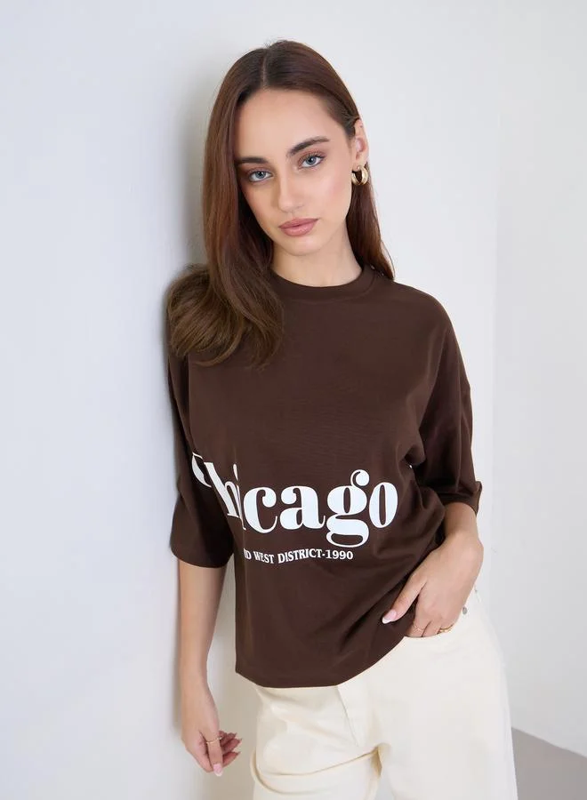 Styli Brown Chicago Graphic Oversized T-Shirt