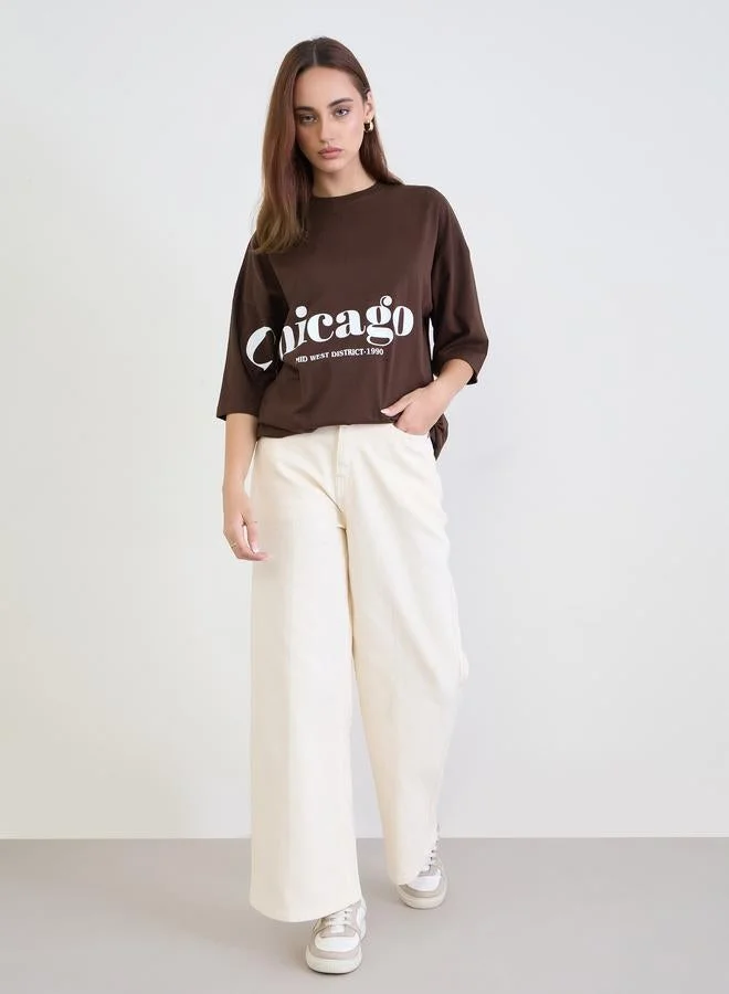 Styli Brown Chicago Graphic Oversized T-Shirt