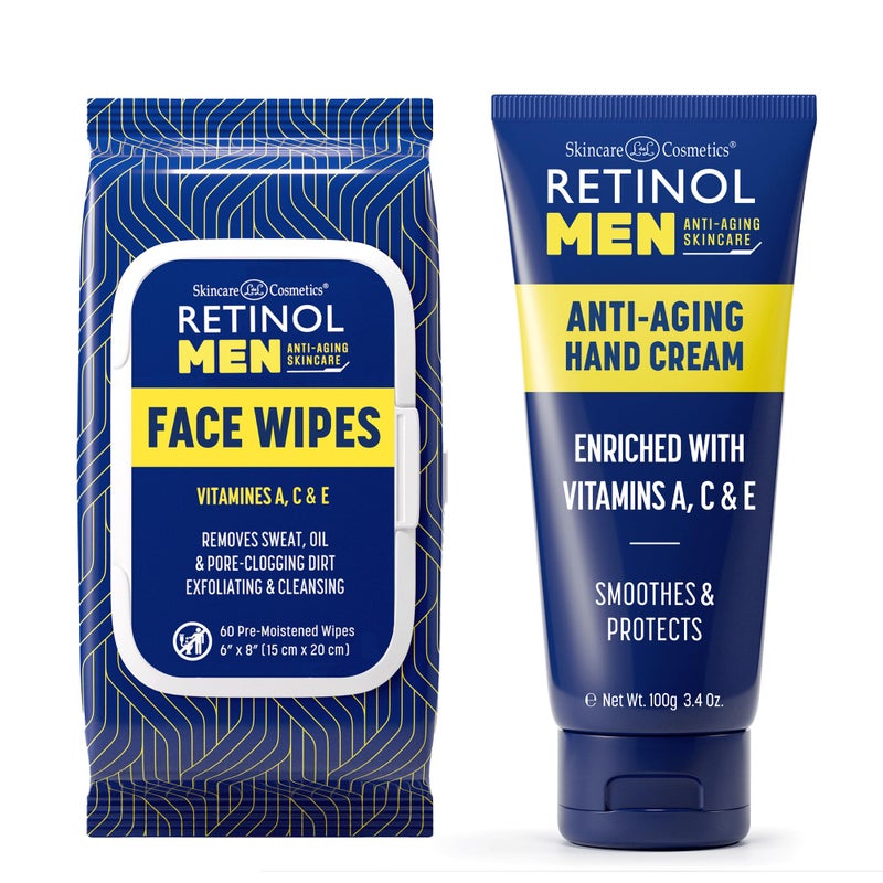 Retinol Men Anti- Aging Facial Wipes - Quickly cleanses Face from Sweat, Oil and Pore-Clogging Dirt without any heavy residue + Retinol Men Anti-Aging Hand Cream For Younger Looking Hands - Image 1