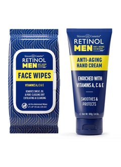 RETINOL Retinol Men Anti- Aging Facial Wipes - Quickly cleanses Face from Sweat, Oil and Pore-Clogging Dirt without any heavy residue + Retinol Men Anti-Aging Hand Cream For Younger Looking Hands 