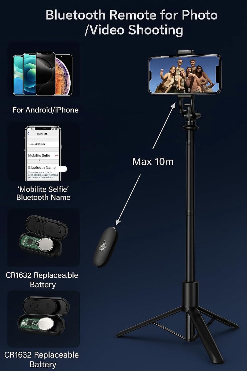 Fire Turtle عصا سيلفي X3 مع قاعدة ثلاثية، بطول 6 أقدام، جهاز تحكم عن بعد لاسلكي، حامل قابل للفصل، متوافق مع بلوتوث لهواتف آيفون/أندرويد - مثالي لتصوير الفيديو والتصوير الفوتوغرافي (عصا سيلفي Q06) - Image 3