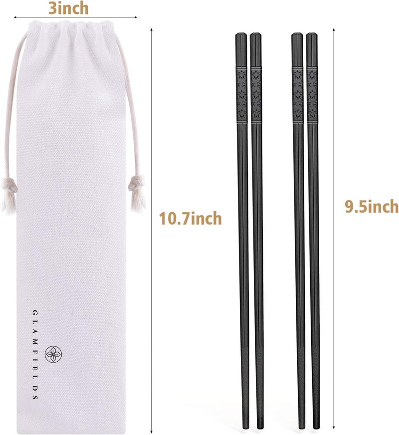 GLAMFIELDS 5 Pairs Fiberglass Chopsticks, Reusable Japanese Chinese Chop sticks Dishwasher Safe, Non-slip, 9 1/2 inches - Black with Multi-purpose Drawstring Bag Carrying Case - Image 2