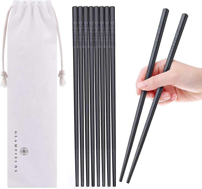 GLAMFIELDS 5 Pairs Fiberglass Chopsticks, Reusable Japanese Chinese Chop sticks Dishwasher Safe, Non-slip, 9 1/2 inches - Black with Multi-purpose Drawstring Bag Carrying Case - Image 1