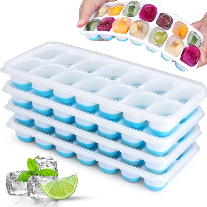 Jrisbo Silicone Ice Cube Tray, Jrisbo 4 Pack Easy-Release & Flexible 14-Ice Cube Trays with Spill-Resistant Removable Lid, Stackable Ice Trays with Covers for Freezer, Cocktail (Blue) - Image 1