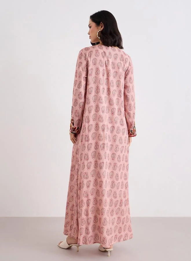 Styli Women Pink Rayon Printed Jalabiya with Embroidery Detail