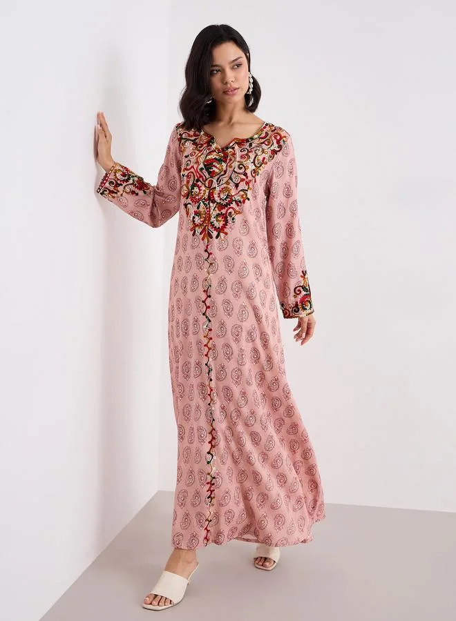 Styli Styli Women Pink Rayon Printed Jalabiya with Embroidery Detail