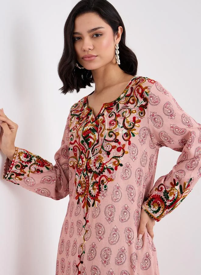 Styli Women Pink Rayon Printed Jalabiya with Embroidery Detail