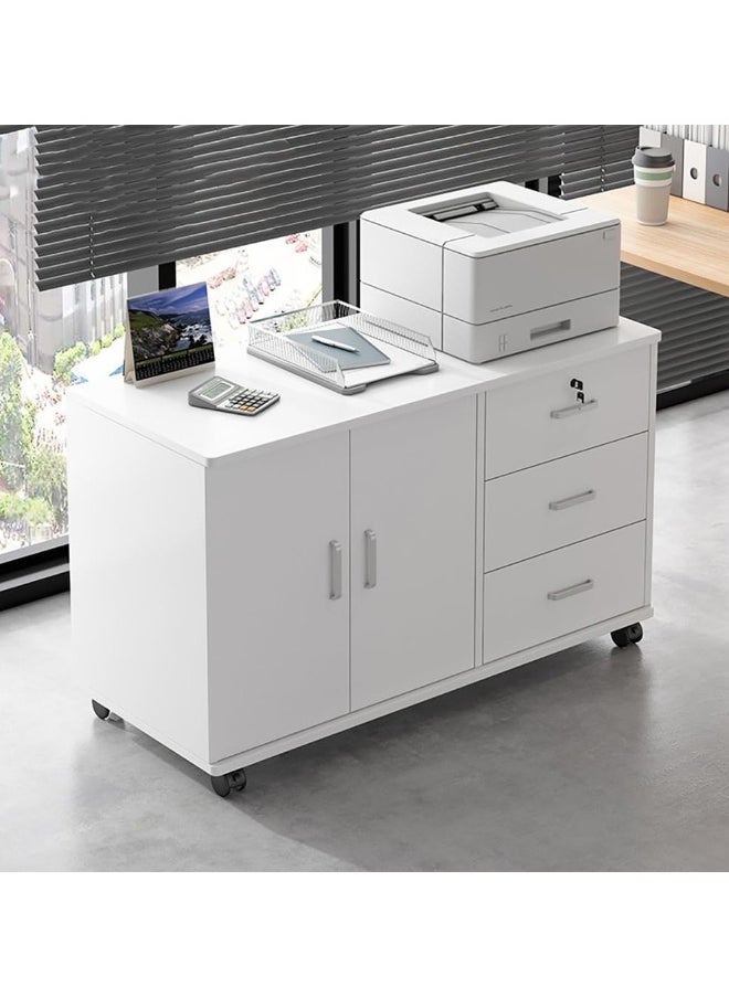 JOMILA - Wooden Side Cabinet, Modern Storage Cabinet, Floor Document Cabinet with Wheels, Filing Cabinets, Office Cabinet with Lock (White, 90x34x59cm) - Image 1