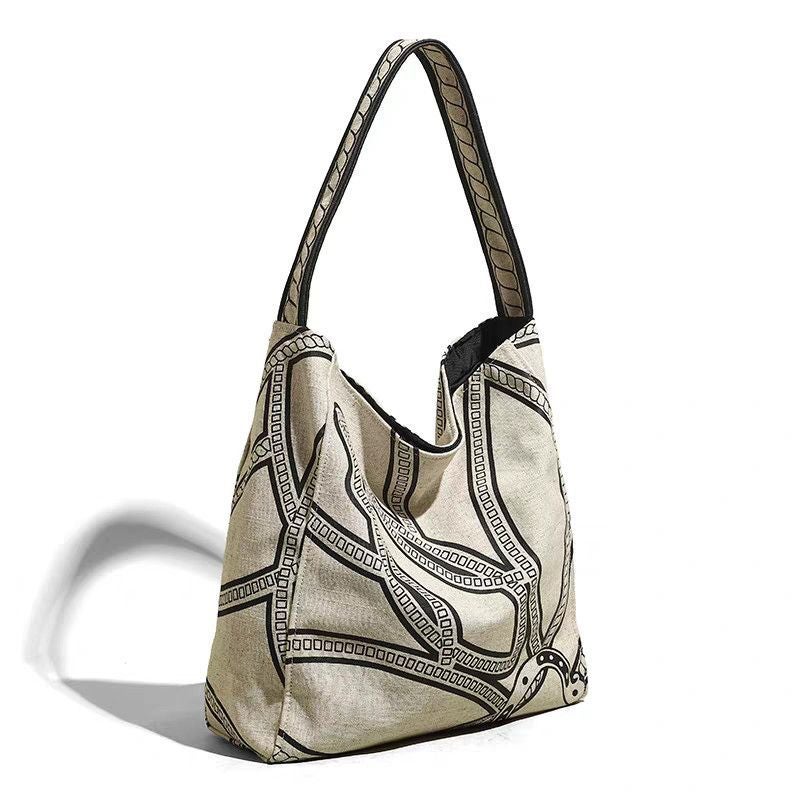 Linen Canvas Tote Bag with Totem Print - Image 1