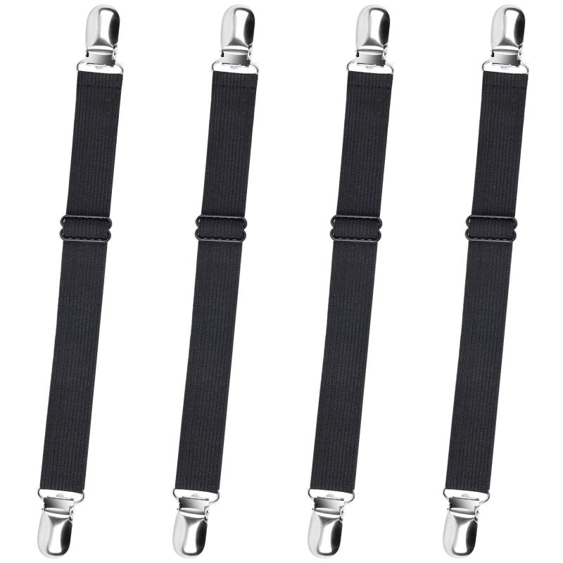 Sopito Bed Sheet Straps, Adjustable Elastic Fitted Sheet Corner Holders Straps to Stay in Place, Non-Slip Fasteners Clips Compatible for Crib to King Size Bed, Black 4Pcs - Image 1