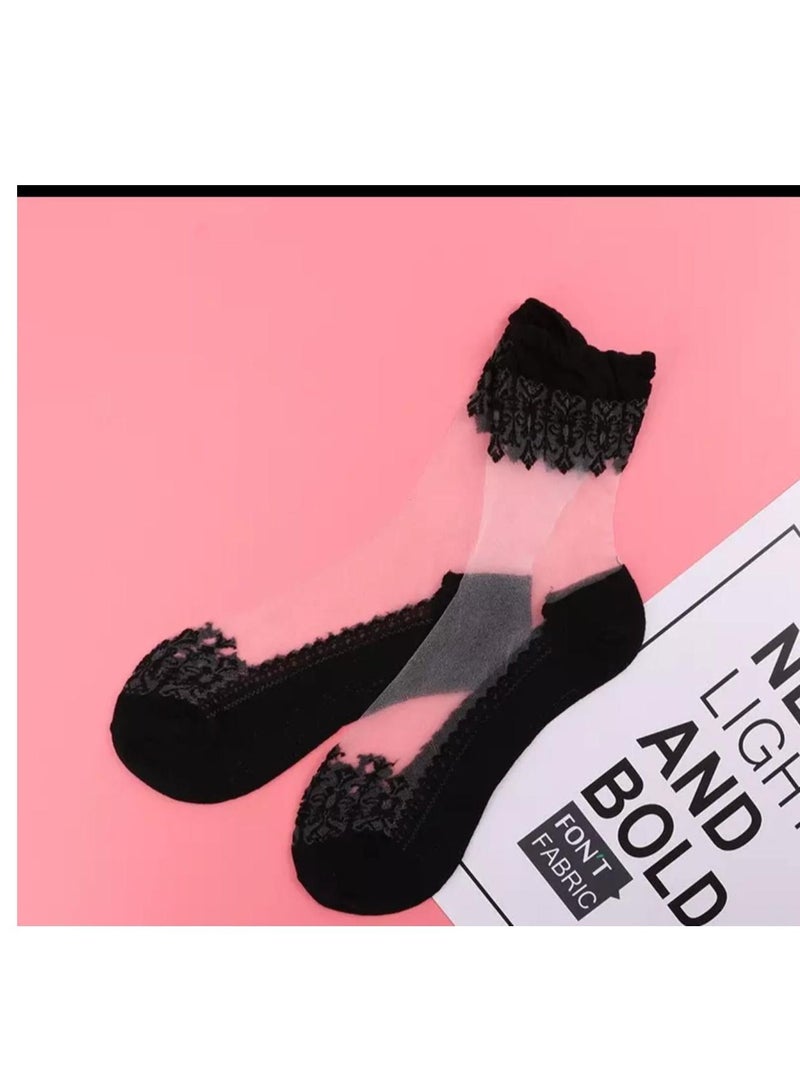 Women's Lace Socks Casual Winter Floral Boot Short Ballet Socks Black 12Pcs - Image 2