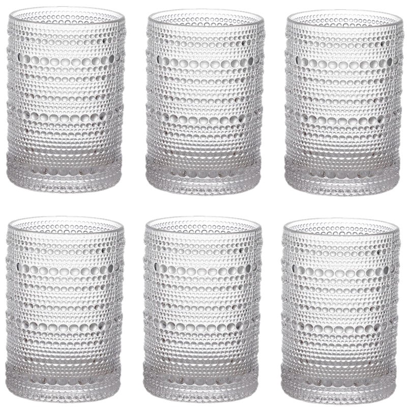 ZOOFOX Set of 6 Vintage Drinking Glasses 13 oz Clear Hobnail Glasses Tumbler Embossed Design Glassware for Beverages Water Juice Beer Cocktail Whiskey and Milk