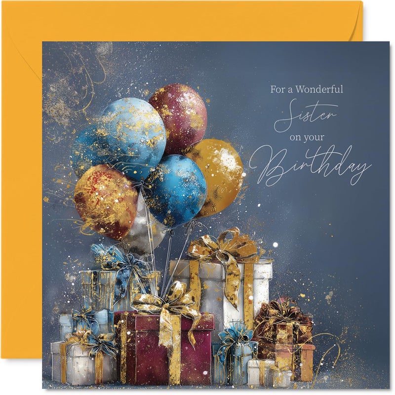 Stuff4 Gold Sister Birthday Card - Gold Balloons & Presents - Happy Birthday Card for Sister from Brother Sibling  5.7 Inch Golden Balloons & Presents Bday Greeting Cards - Image 1