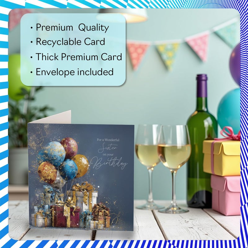 Stuff4 Gold Sister Birthday Card - Gold Balloons & Presents - Happy Birthday Card for Sister from Brother Sibling  5.7 Inch Golden Balloons & Presents Bday Greeting Cards - Image 3