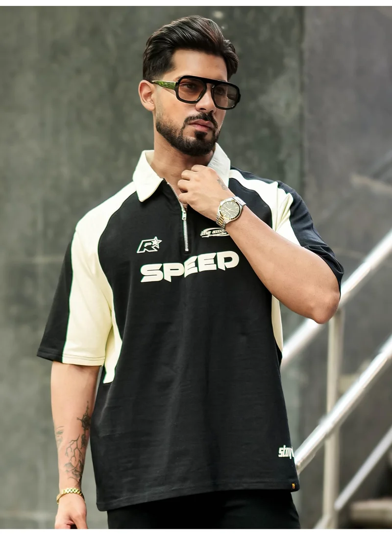 Maniac Maniac Mens Printed Raglan Half Sleeve Polo Neck Half Zipper Black and Cream Cotton T-Shirt