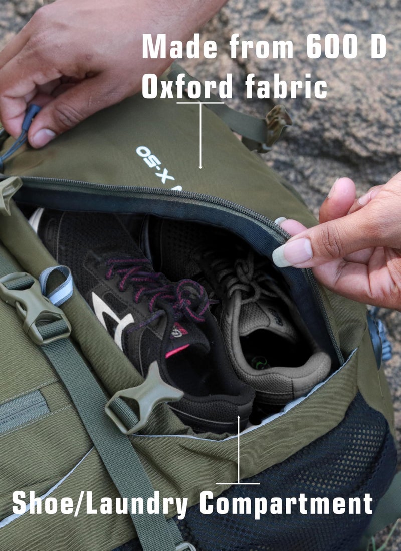 TRAWOC FUSION X 50 Litre Internal Fiber Frame Travel Bag Front & Top Open Backpack for Hiking Trekking Camping, Rucksack Bag for Men & Women with Rain Cover and Shoe Compartment, Olive Green SHK018 - Image 5