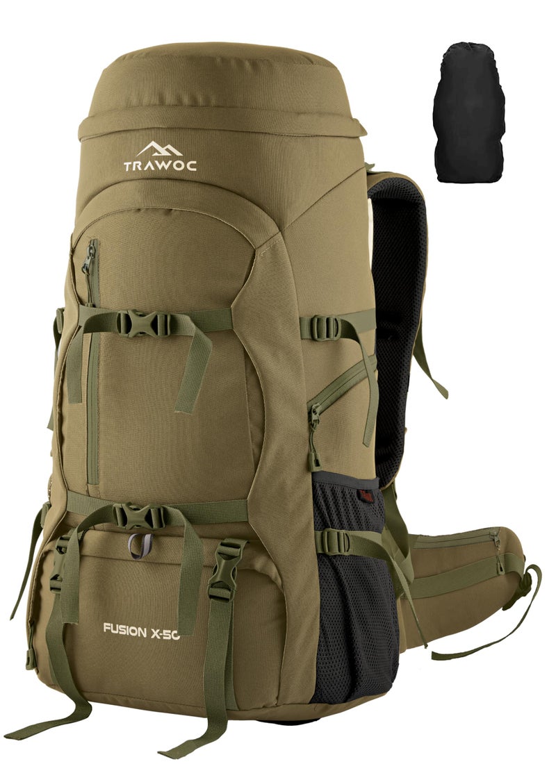 TRAWOC FUSION X 50 Litre Internal Fiber Frame Travel Bag Front & Top Open Backpack for Hiking Trekking Camping, Rucksack Bag for Men & Women with Rain Cover and Shoe Compartment, Olive Green SHK018 - Image 1