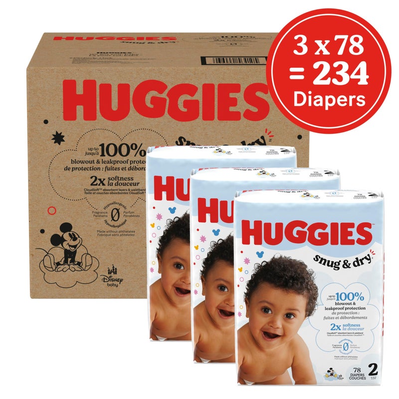 Huggies Size 2 Diapers, Snug & Dry Baby Diapers, Size 2 (12-18 lbs), 234 Count (3 Packs of 78), Packaging May Vary - Image 2