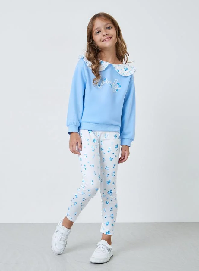 Styli Girls Blue Floral Sweatshirt and Leggings Set