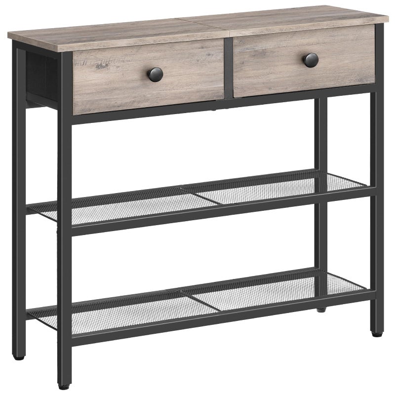 HOOBRO 295 Narrow Console Table with 2 Fabric Drawers Sofa Table Small Entryway Table with 3Tier Storage Shelves Behind Couch Table for Living Room Hallway Greige and Black BG72XG01